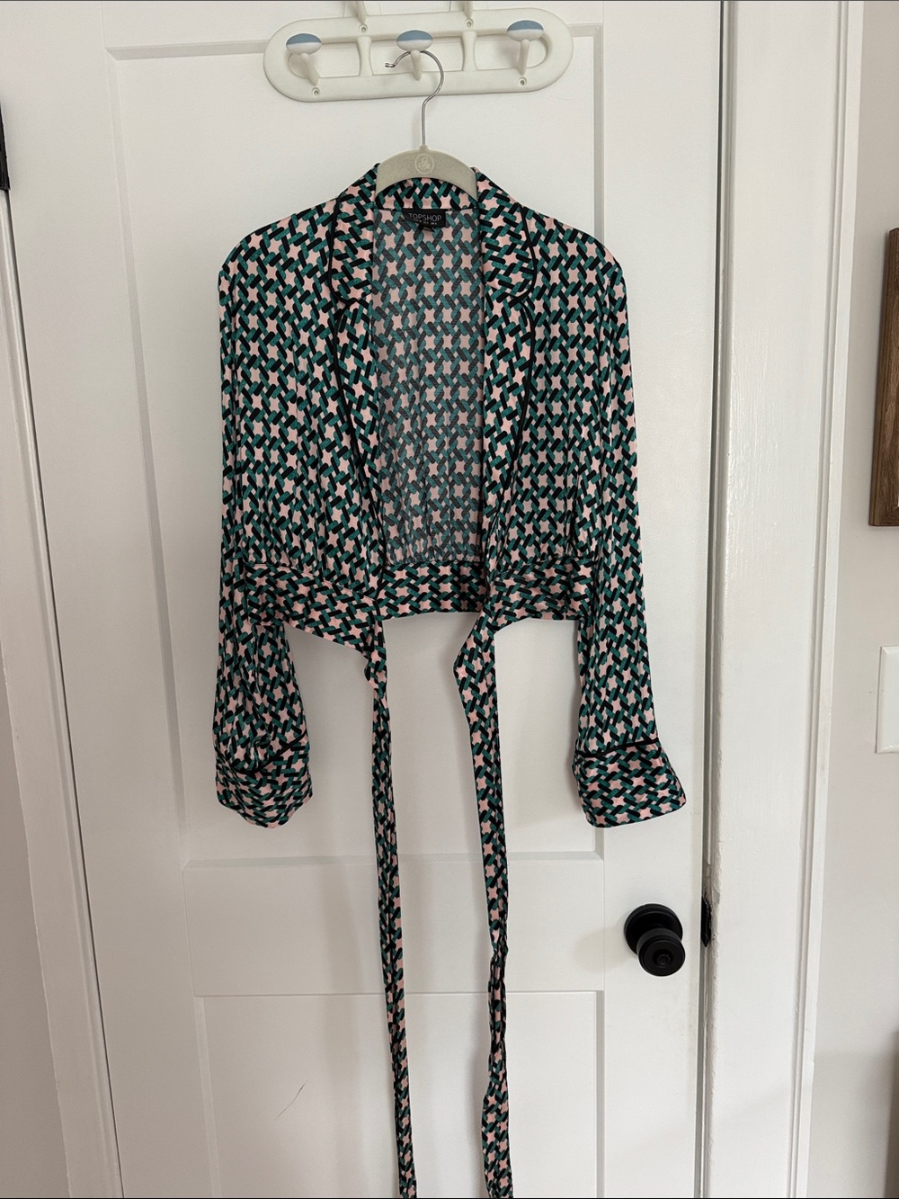 Topshop Pink and Teal Geometric Tie-Front Crop Top